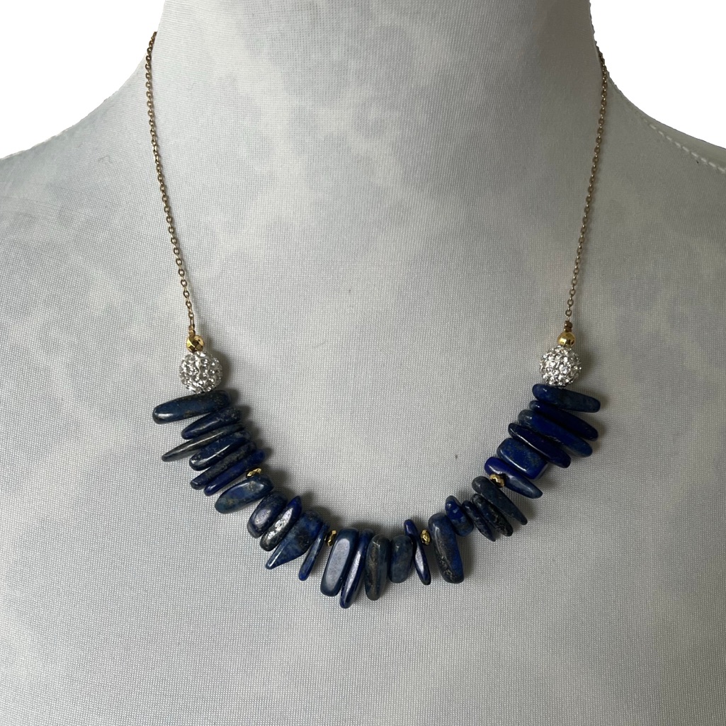 Erimish Blue Lapis Lazuli Stick Beaded Necklace With Pave Crystal Accent 45$